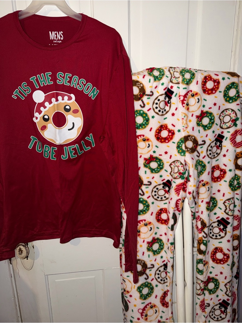 refuge Red Holiday Donut Pajama Set with White Donut-Print Pants